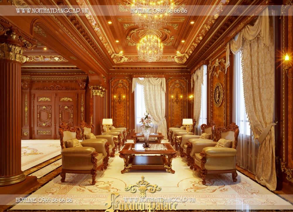 Mẫu thiết kế nội thất phòng khách cổ điển đẹp không tỳ vết với nội thất dát vàng