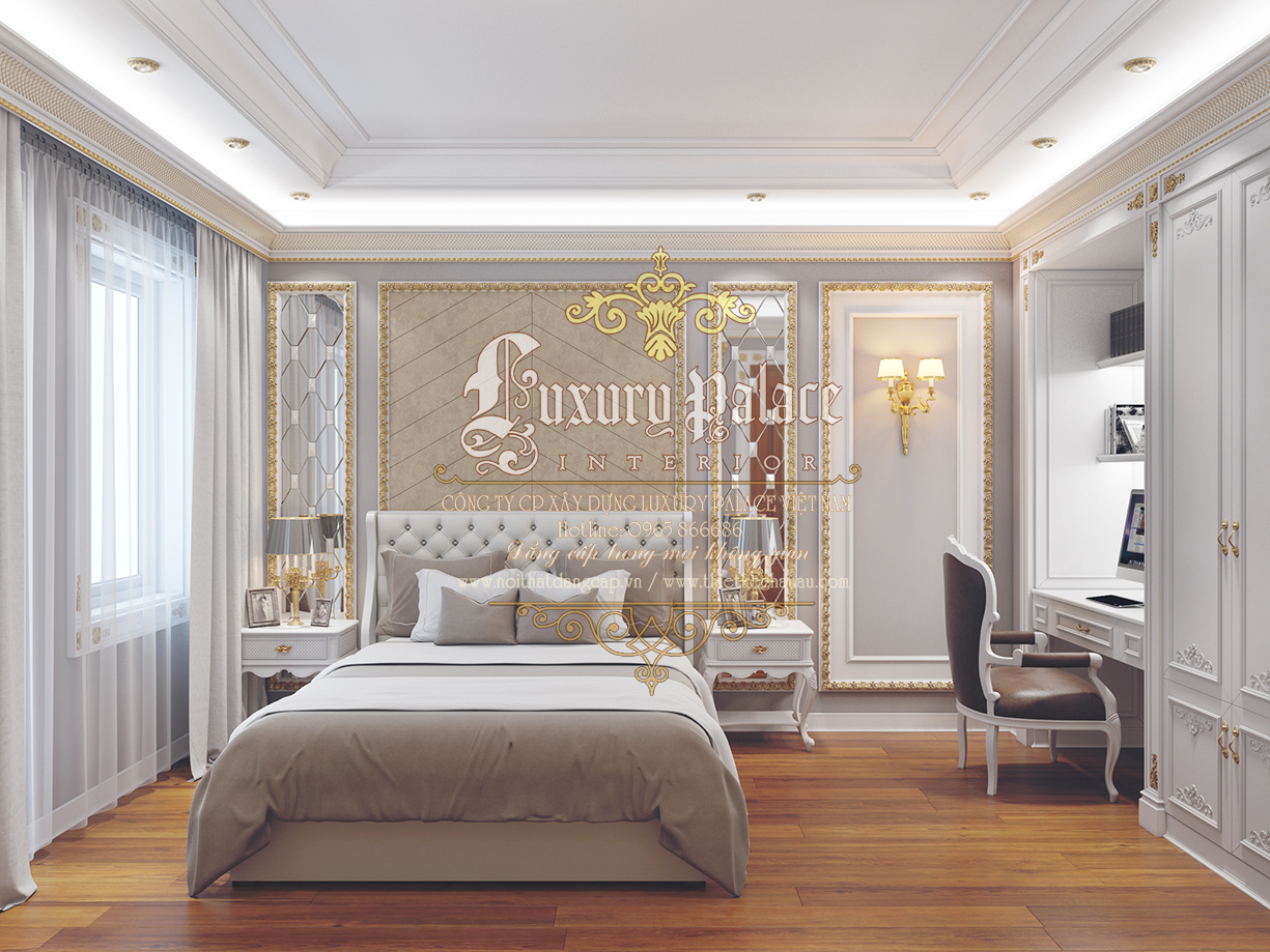Thiết kế nội thất phòng ngủ tân cổ điển với màu trắng tinh khôi đẹp