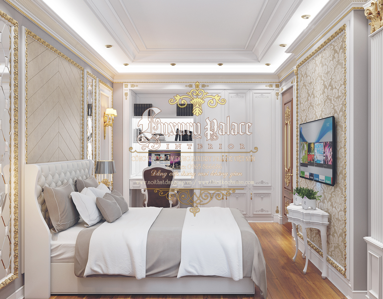 Thiết kế nội thất phòng ngủ tân cổ điển với màu trắng tinh khôi sang trọng