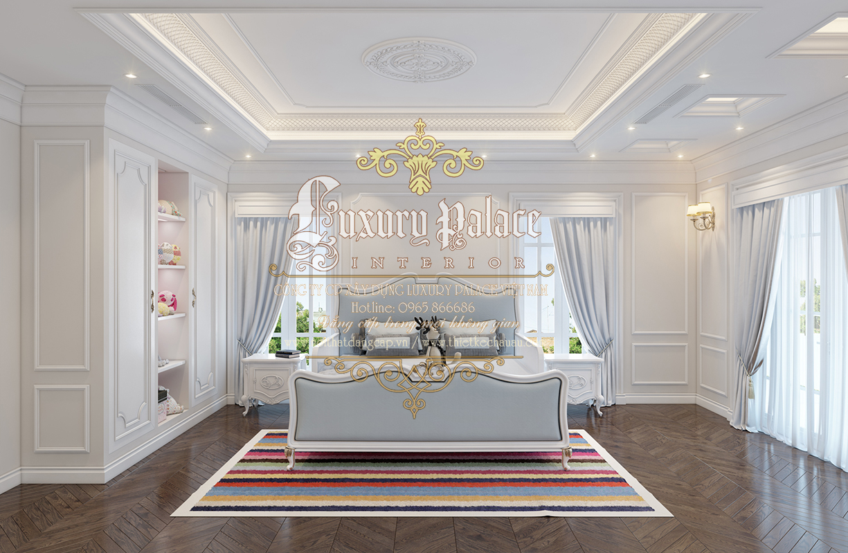 Thiết kế nội thất phòng ngủ tân cổ điển với màu trắng tinh khôi